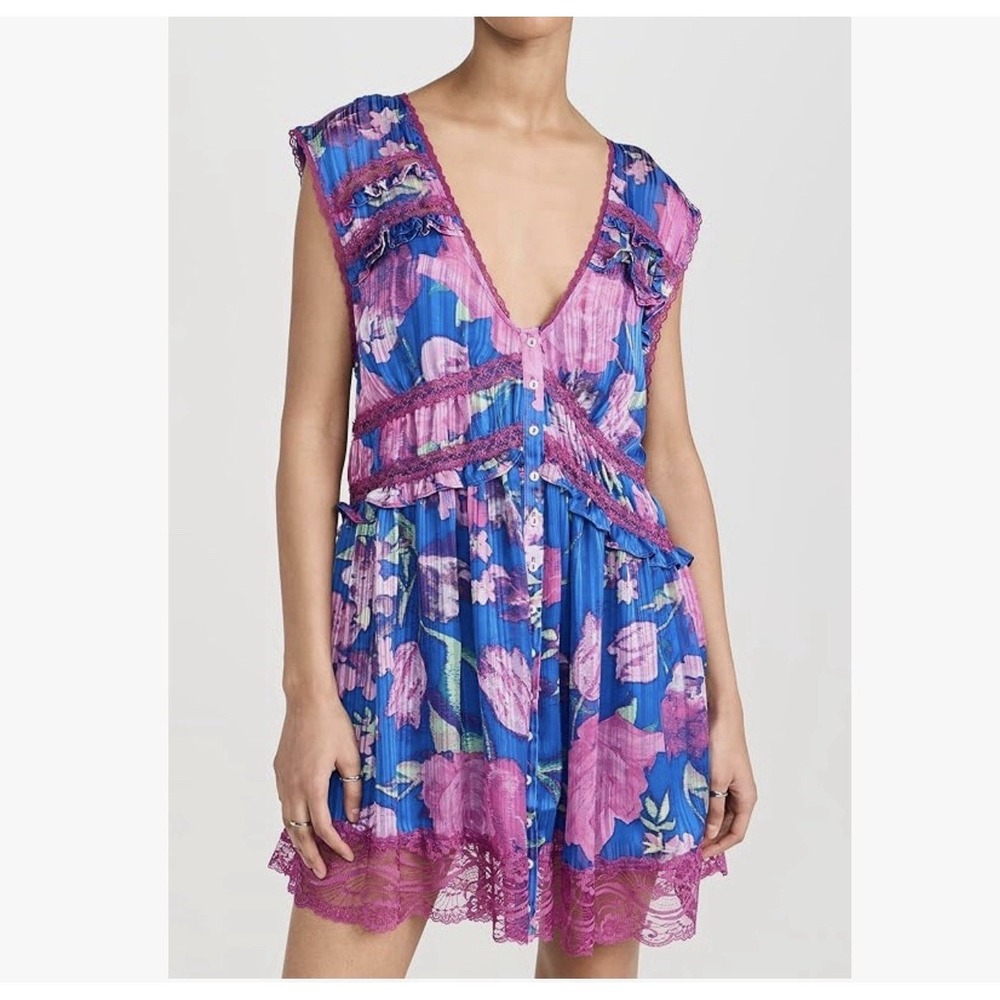 Free People Spring Fling Mini Dress Women's XS Ultra‎ Violet Floral Lace Buttons